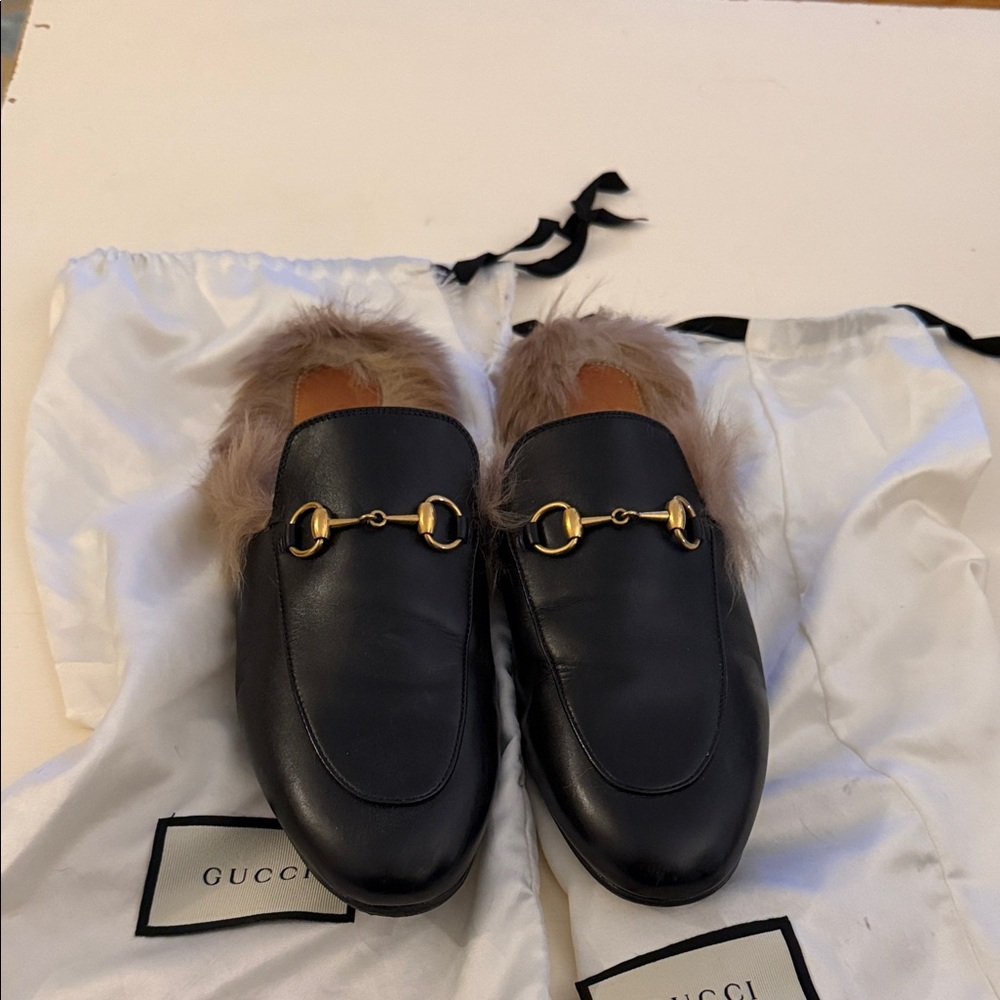 Gucci Black Leather Mules with Fur